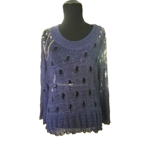 Roberto Cavalli VTG Sweater Designer Open Knit Embellished Sweater Navy Sz M NEW - Picture 4 of 8